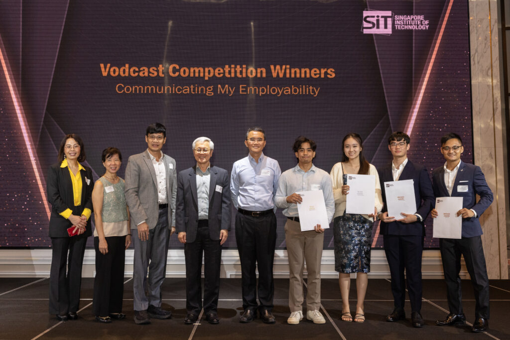Wrapping up the SIT Alumni Mentoring Forum with a prize presentation ceremony for the Vodcast Competition. Our Heartiest Congratulations once again to the winners!  [From left] Dr Thanh Pham; Ms Jannisis Loo (Deputy Director, Centre for Career Readiness); Assistant Prof Kenneth Ong (Director, Centre for Communication Skills); Prof Chua Kee Chaing (SIT President); Prof John Thong (SIT Deputy President (Academic) & Provost); with the Vodcast competition winners: Mr Sebastian Fernandez (Gold award), Ms Ruchel Lee (Silver award), Mr Philbert Chow (Bronze award), Mr Chiew Le Wei (Bronze award).
